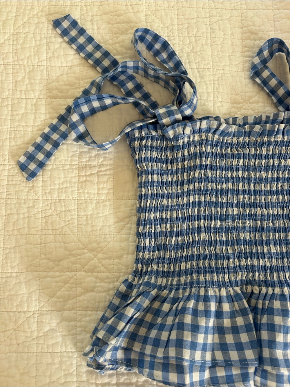 Blue and White Gingham Smocked Tie-Strap Top
